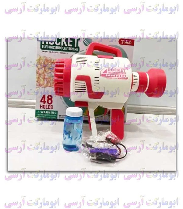 تفنگ بزرگ حباب ساز رگباری شارژی 48 سوراخ چراغ دار بهمراه مایع حباب ساز(3 رنگ)