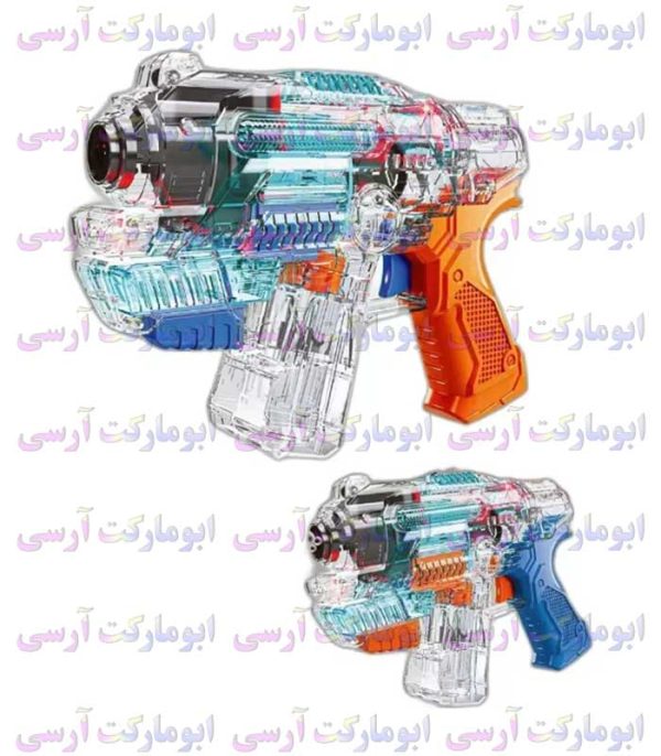 تفنگ حباب ساز رگباری تک سوراخ صدا و چراغ دار باتری خور مخزن دار بدنه شفاف