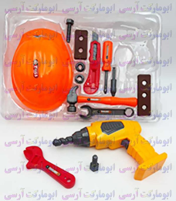 اسباب بازی دریل پیچ گوشتی قدرتی با کلی ابزار و کلاه، باتری خور بسیار با کیفیت خارجی