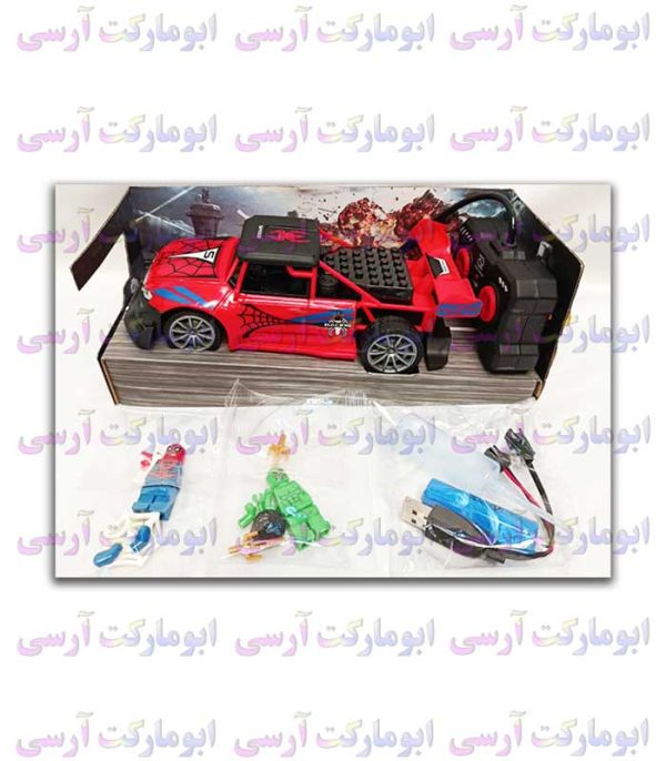 ماشین سرعتی مرد عنکبوتی کنترلی شارژی دودزا چراغ دار بهمراه 2 مینی فیگور لگویی