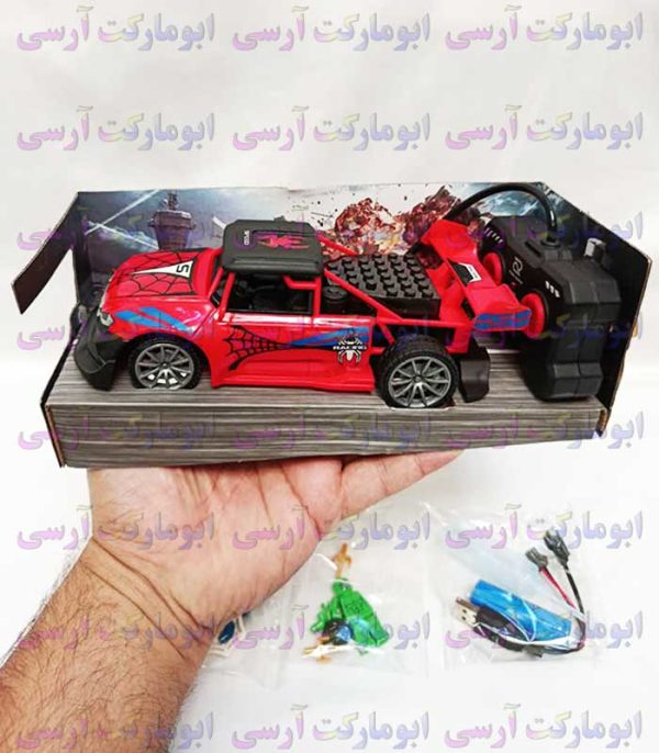 ماشین سرعتی مرد عنکبوتی کنترلی شارژی دودزا چراغ دار بهمراه 2 مینی فیگور لگویی